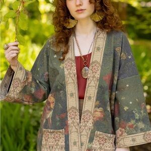 Market of Stars The Messenger Bohemian Print Open Fleece Cardigan — Olive Green